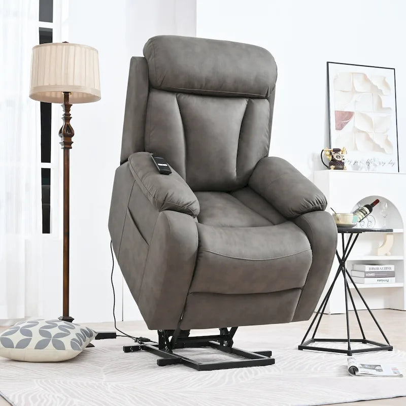 Fauteuil inclinable électrique gris pour personnes âgées, avec télécommande, coussin rembourré, pochette latérale et cadre robuste