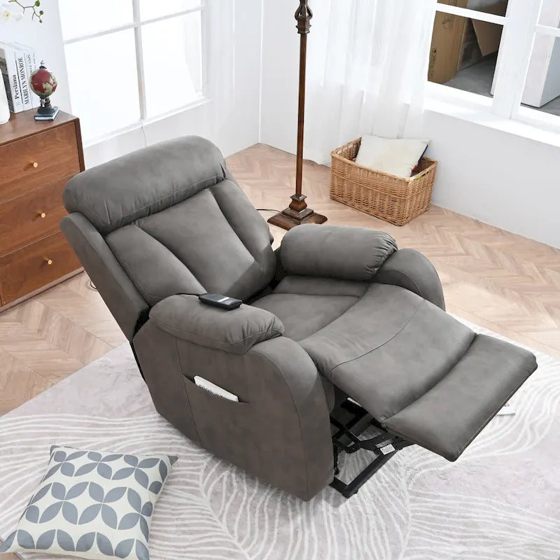 Fauteuil inclinable électrique gris pour personnes âgées, avec télécommande, coussin rembourré, pochette latérale et cadre robuste