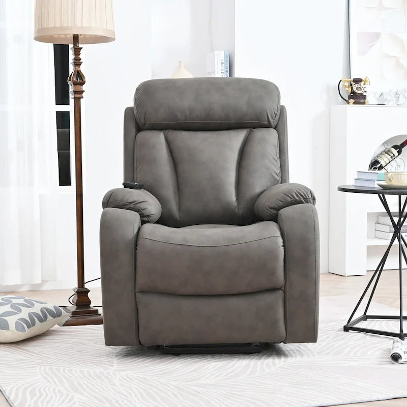 Fauteuil inclinable électrique gris pour personnes âgées, avec télécommande, coussin rembourré, pochette latérale et cadre robuste