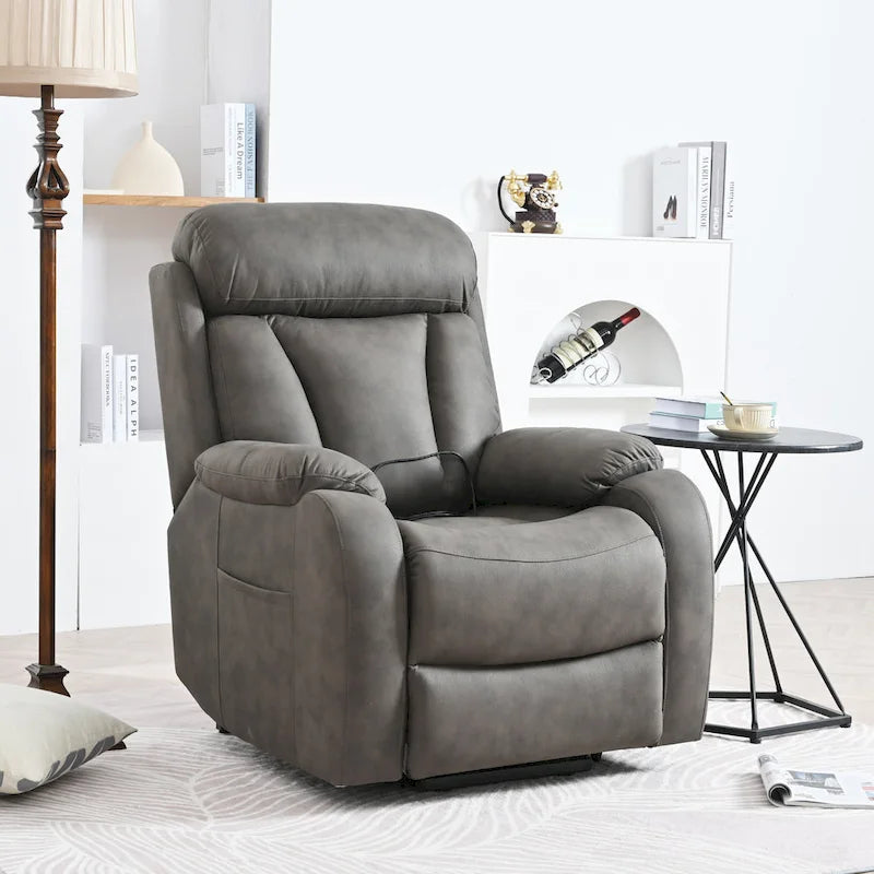 Fauteuil inclinable électrique gris pour personnes âgées, avec télécommande, coussin rembourré, pochette latérale et cadre robuste