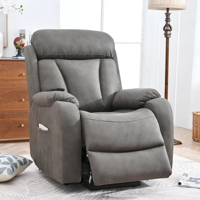 Fauteuil inclinable électrique gris pour personnes âgées, avec télécommande, coussin rembourré, pochette latérale et cadre robuste