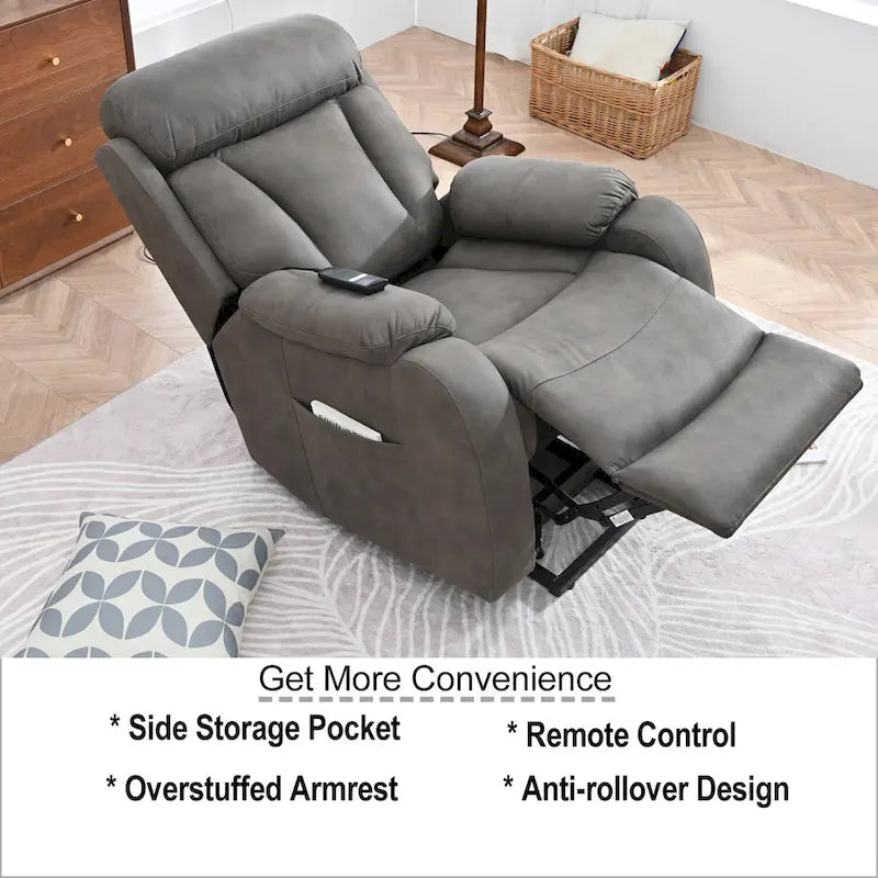 Fauteuil inclinable électrique gris pour personnes âgées, avec télécommande, coussin rembourré, pochette latérale et cadre robuste