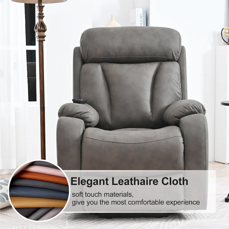 Fauteuil inclinable électrique gris pour personnes âgées, avec télécommande, coussin rembourré, pochette latérale et cadre robuste