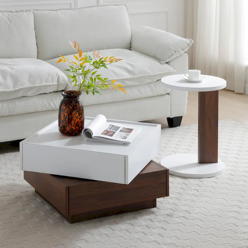 Table basse rotative moderne avec deux compartiments de rangement cachés et deux tiroirs