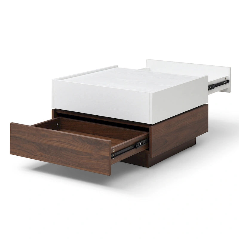 Table basse rotative moderne avec deux compartiments de rangement cachés et deux tiroirs