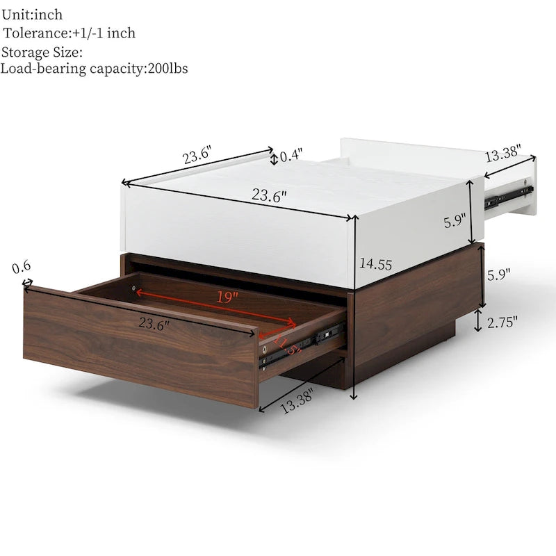 Table basse rotative moderne avec deux compartiments de rangement cachés et deux tiroirs