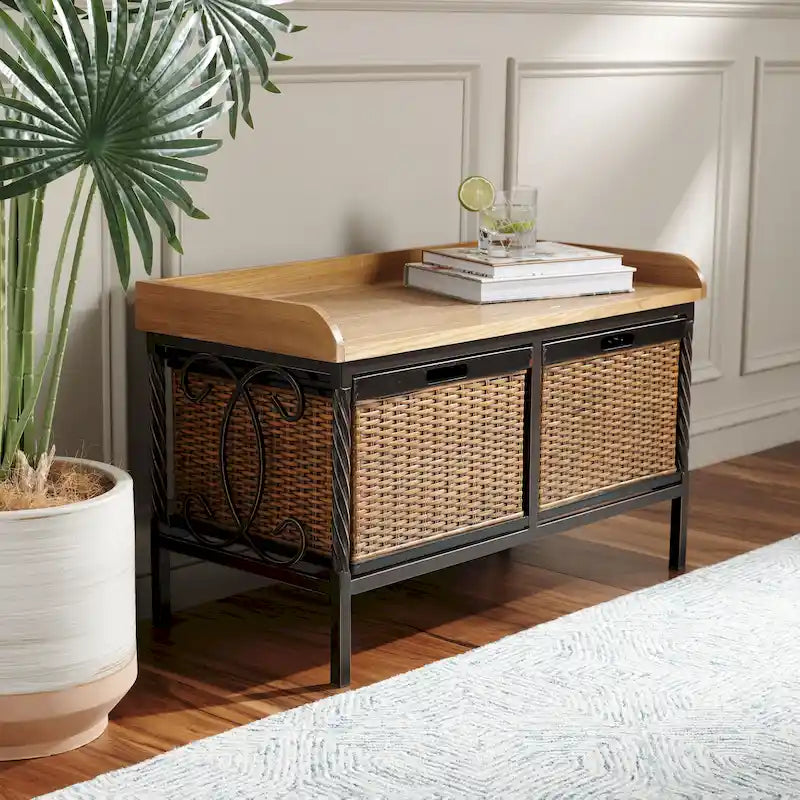 Banc de rangement étain antique/frêne clair - 33 x 15.7 x 20