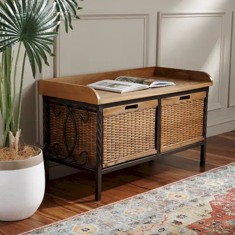 Banc de rangement étain antique/frêne clair - 33 x 15.7 x 20