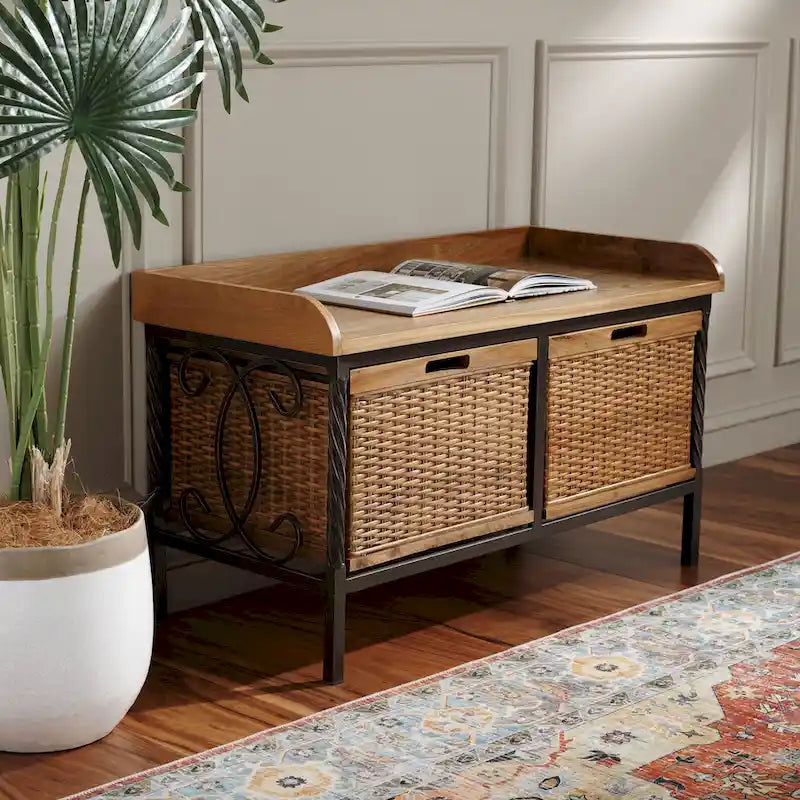 Banc de rangement étain antique/frêne clair - 33 x 15.7 x 20