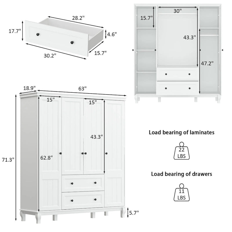 Armoire autoportante traditionnelle à 2 tiroirs en bois laqué blanc - 63Lx71,3