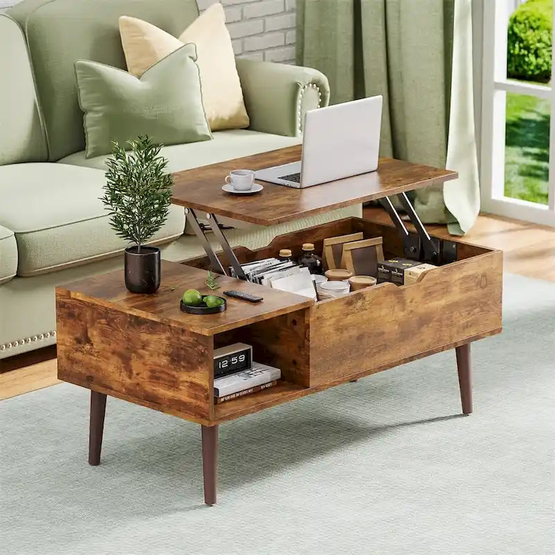Tables basses relevables en bois avec rangement et compartiment secret