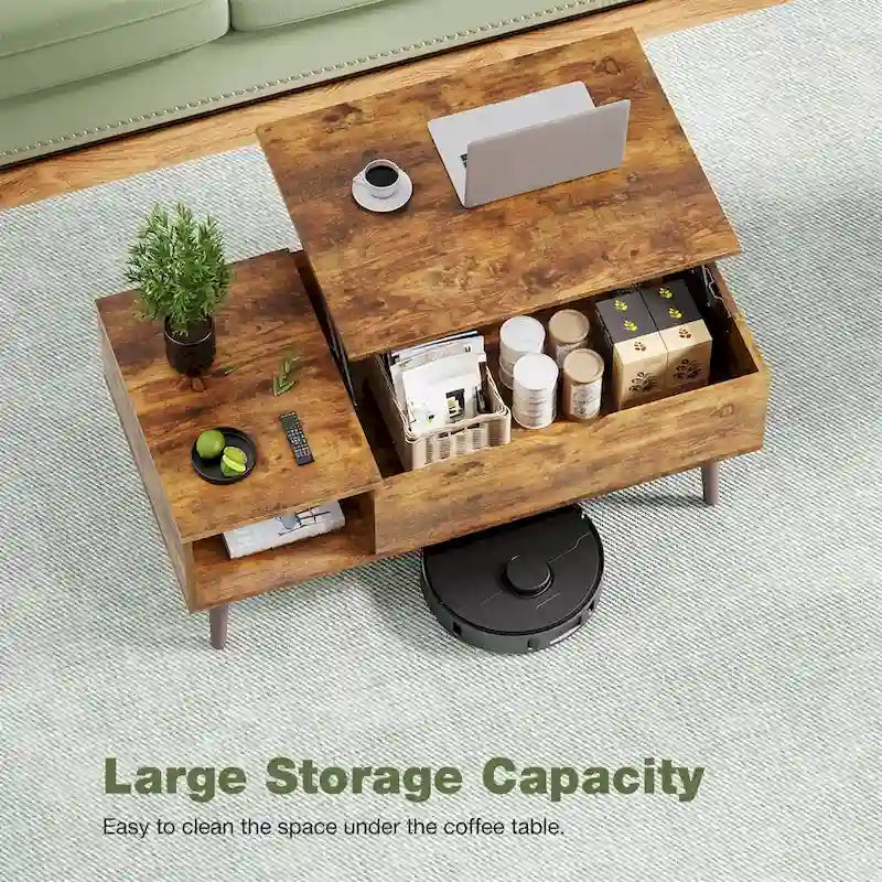 Tables basses relevables en bois avec rangement et compartiment secret