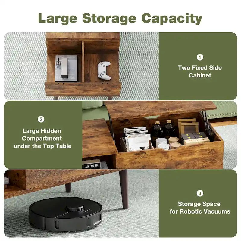 Tables basses relevables en bois avec rangement et compartiment secret