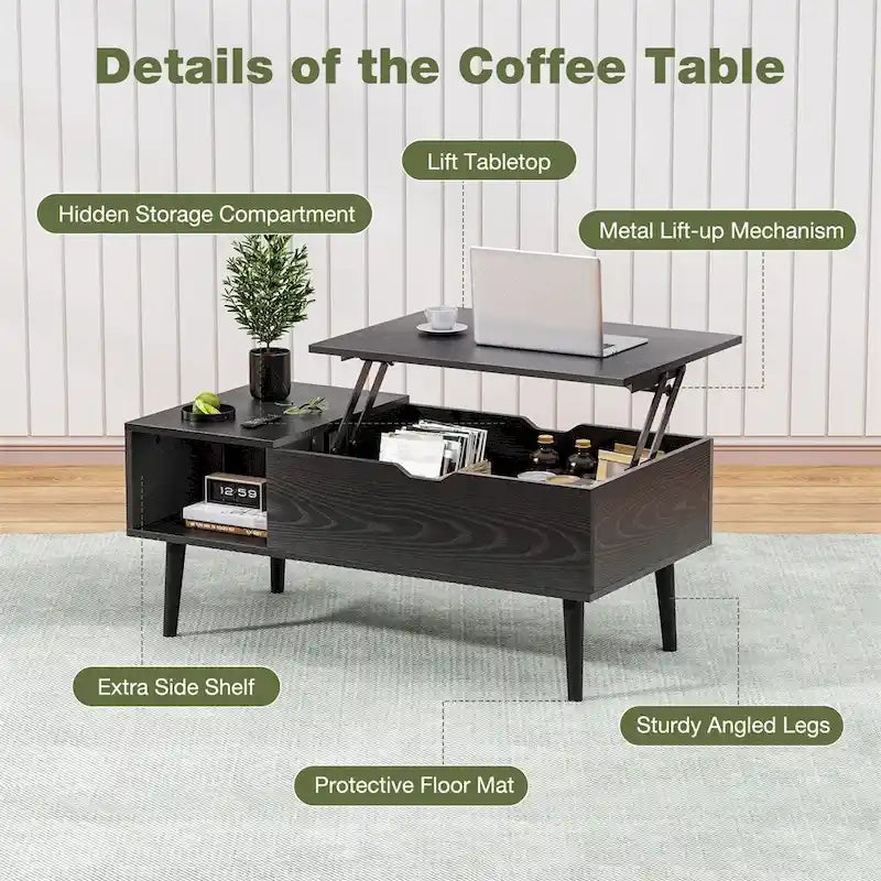 Tables basses relevables en bois avec rangement et compartiment secret