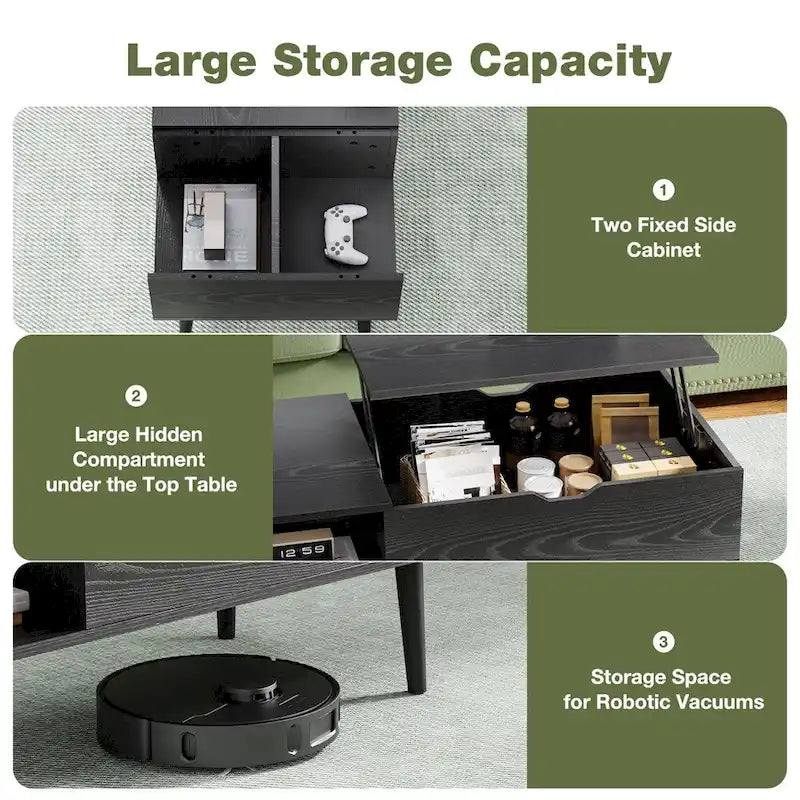 Tables basses relevables en bois avec rangement et compartiment secret