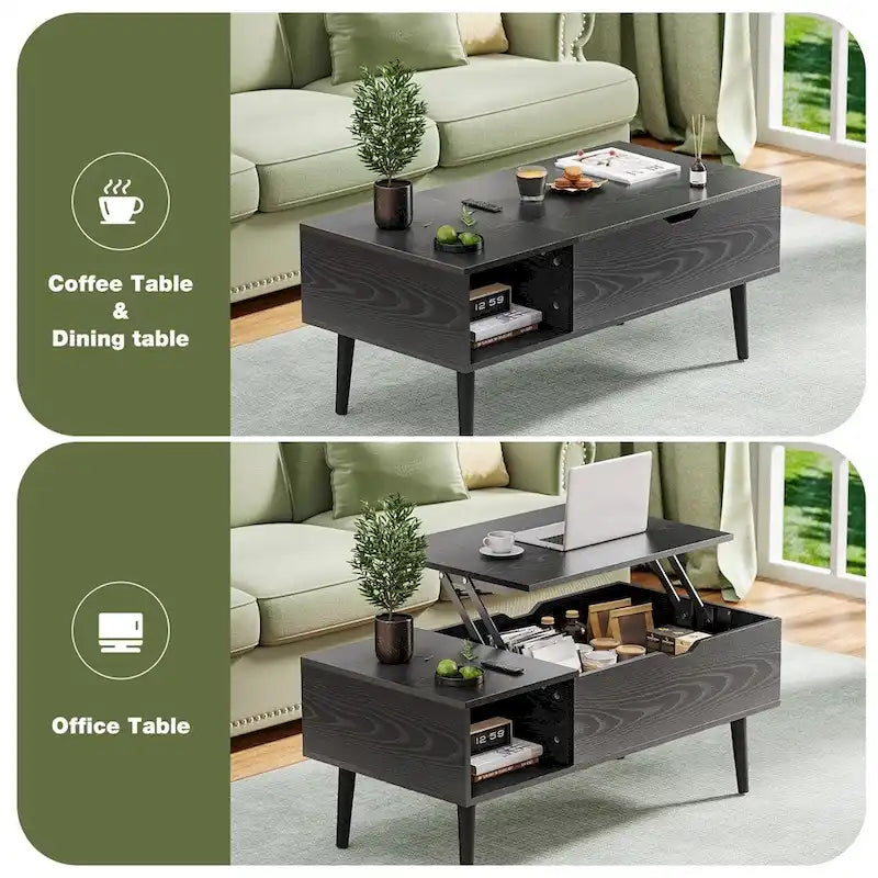 Tables basses relevables en bois avec rangement et compartiment secret
