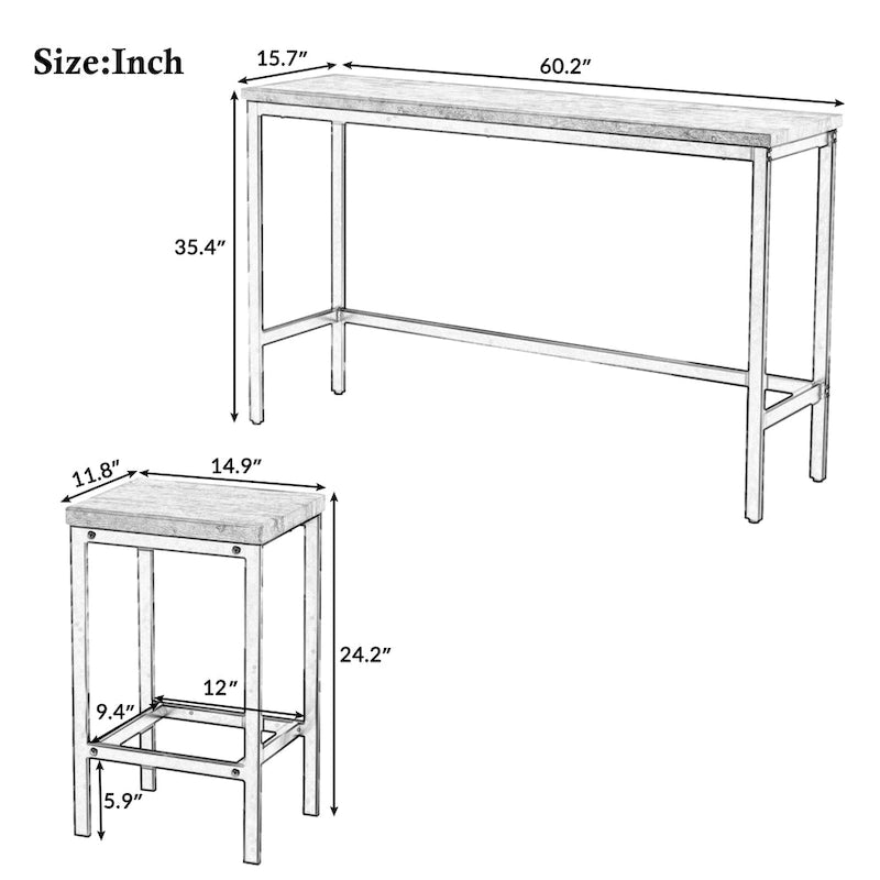 Table de salle à manger extra longue avec 3 tabourets de bar