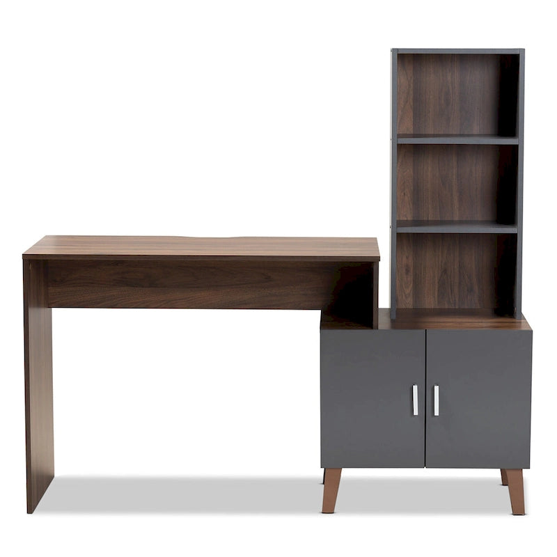Bureau de rangement bicolore marron et gris foncé en bois avec étagères