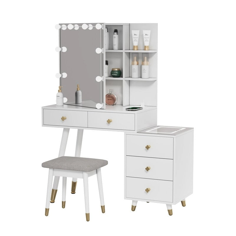 Coiffeuse 5 tiroirs avec prises et miroir LED