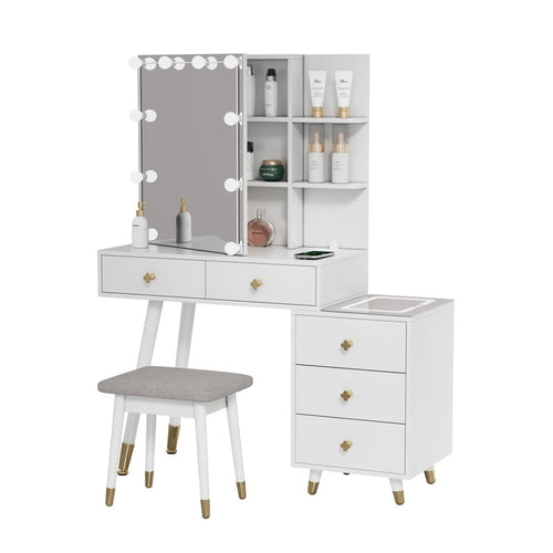 Coiffeuse 5 tiroirs avec prises et miroir LED