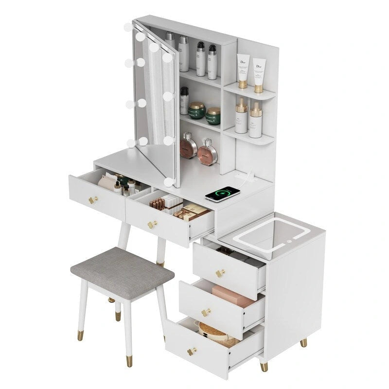 Coiffeuse 5 tiroirs avec prises et miroir LED