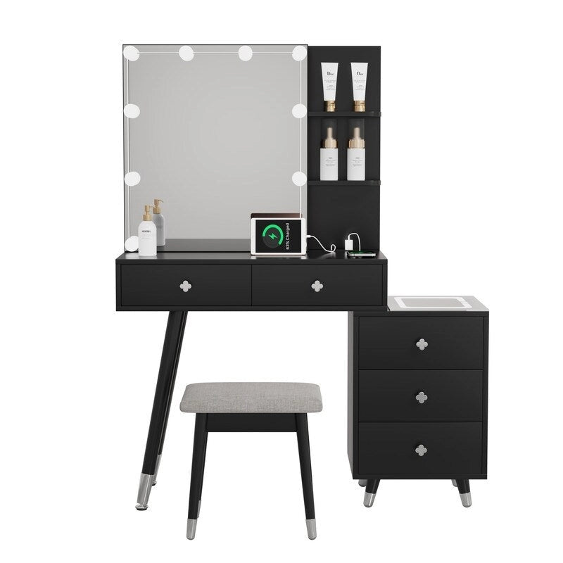 Coiffeuse 5 tiroirs avec prises et miroir LED