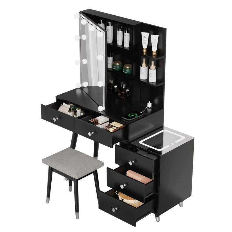 Coiffeuse 5 tiroirs avec prises et miroir LED