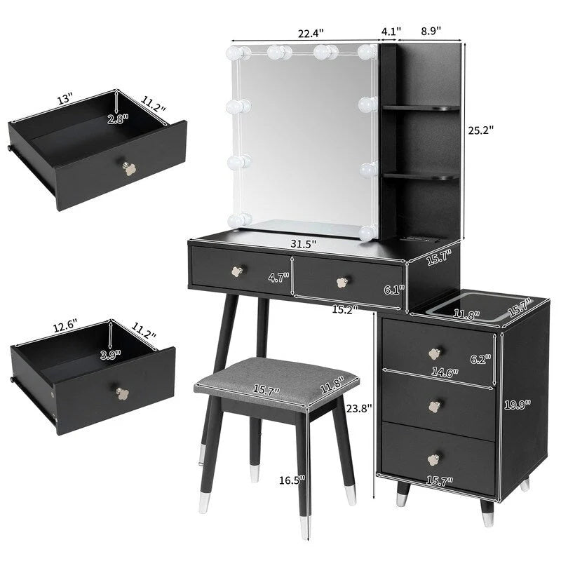 Coiffeuse 5 tiroirs avec prises et miroir LED