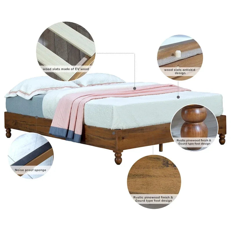 Cadre de lit en bois massif 12 pouces, style rustique, élimine le besoin de sommier tapissier, finition naturelle