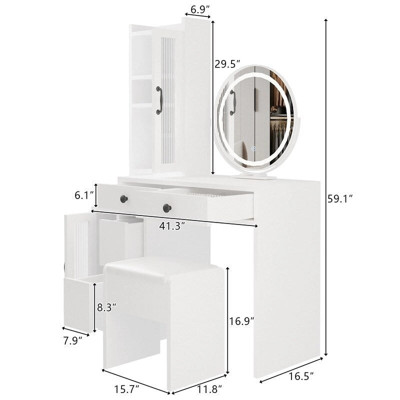Coiffeuse avec multiprise et miroir LED à trois tons - N/A