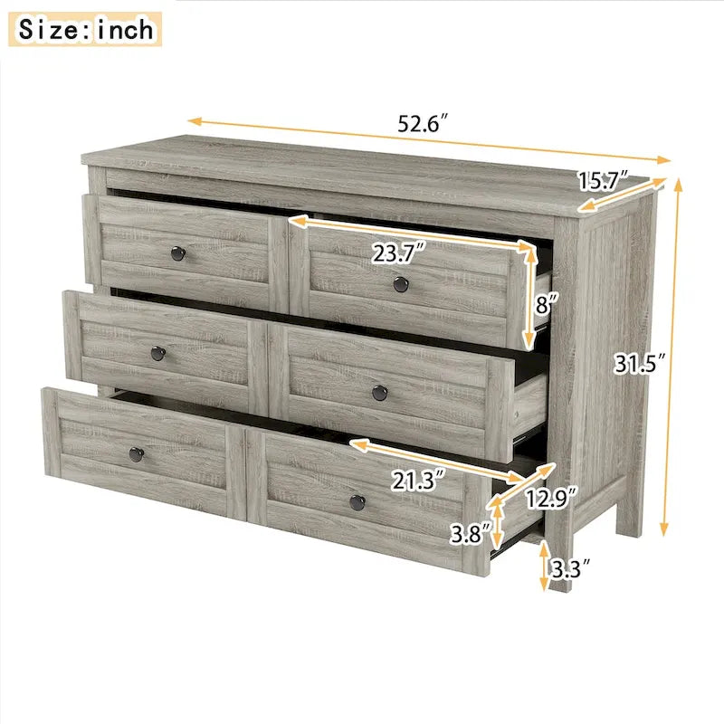Commode en bois de style ferme rétro avec 6 tiroirs, meuble de rangement pour chambre à coucher