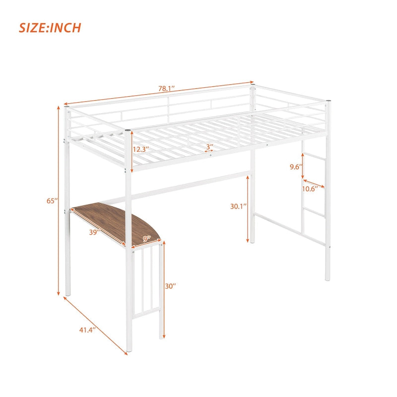 Lit mezzanine en métal avec bureau, échelle et barrières de sécurité
