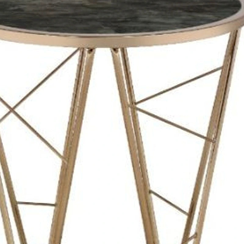 Table d'appoint ronde en verre et métal imitation marbre noir et champagne 24 po