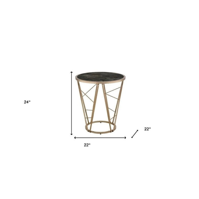 Table d'appoint ronde en verre et métal imitation marbre noir et champagne 24 po