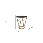 Table d'appoint ronde en verre et métal imitation marbre noir et champagne 24 po