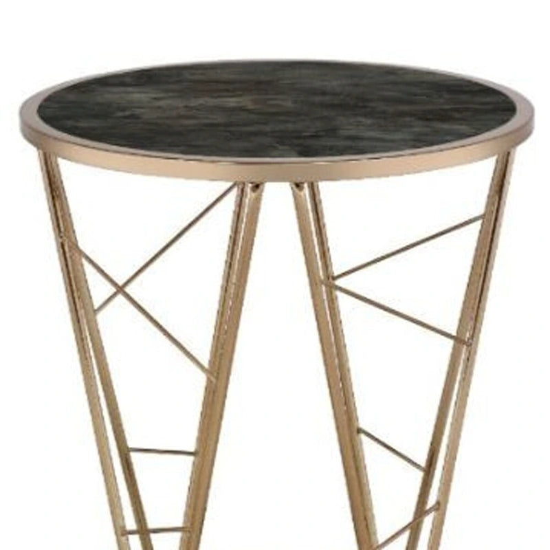 Table d'appoint ronde en verre et métal imitation marbre noir et champagne 24 po