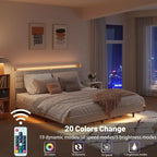 Lit plate-forme flottant tapissé King Size avec lumières LED et station de recharge