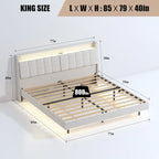Lit plate-forme flottant tapissé King Size avec lumières LED et station de recharge