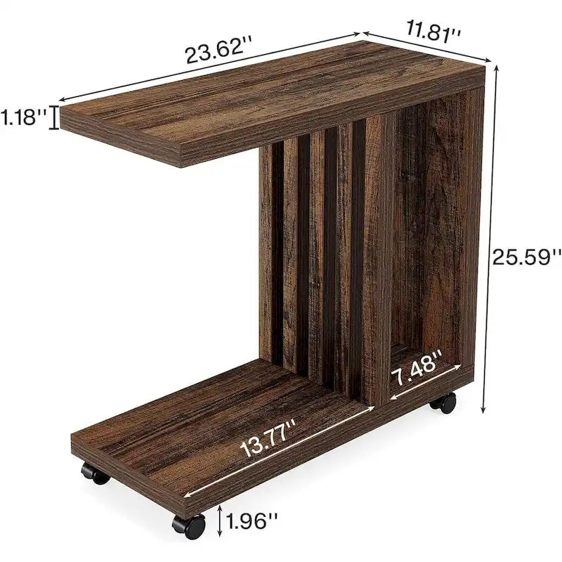 Table d'appoint à 2 niveaux en forme de C, table latérale mobile pour canapé et lit avec roulettes verrouillables